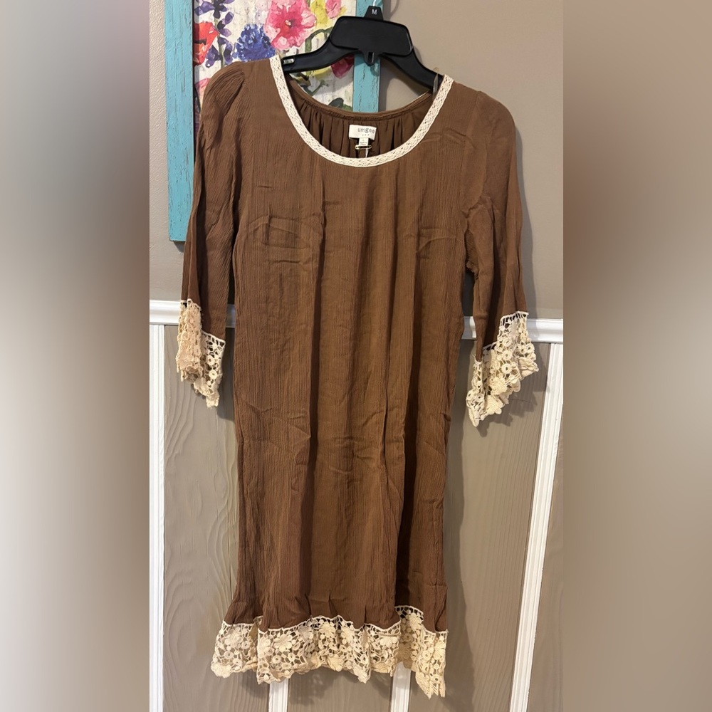 Umgee Brown Boho Tunic Dress with Cream Crochet Trim